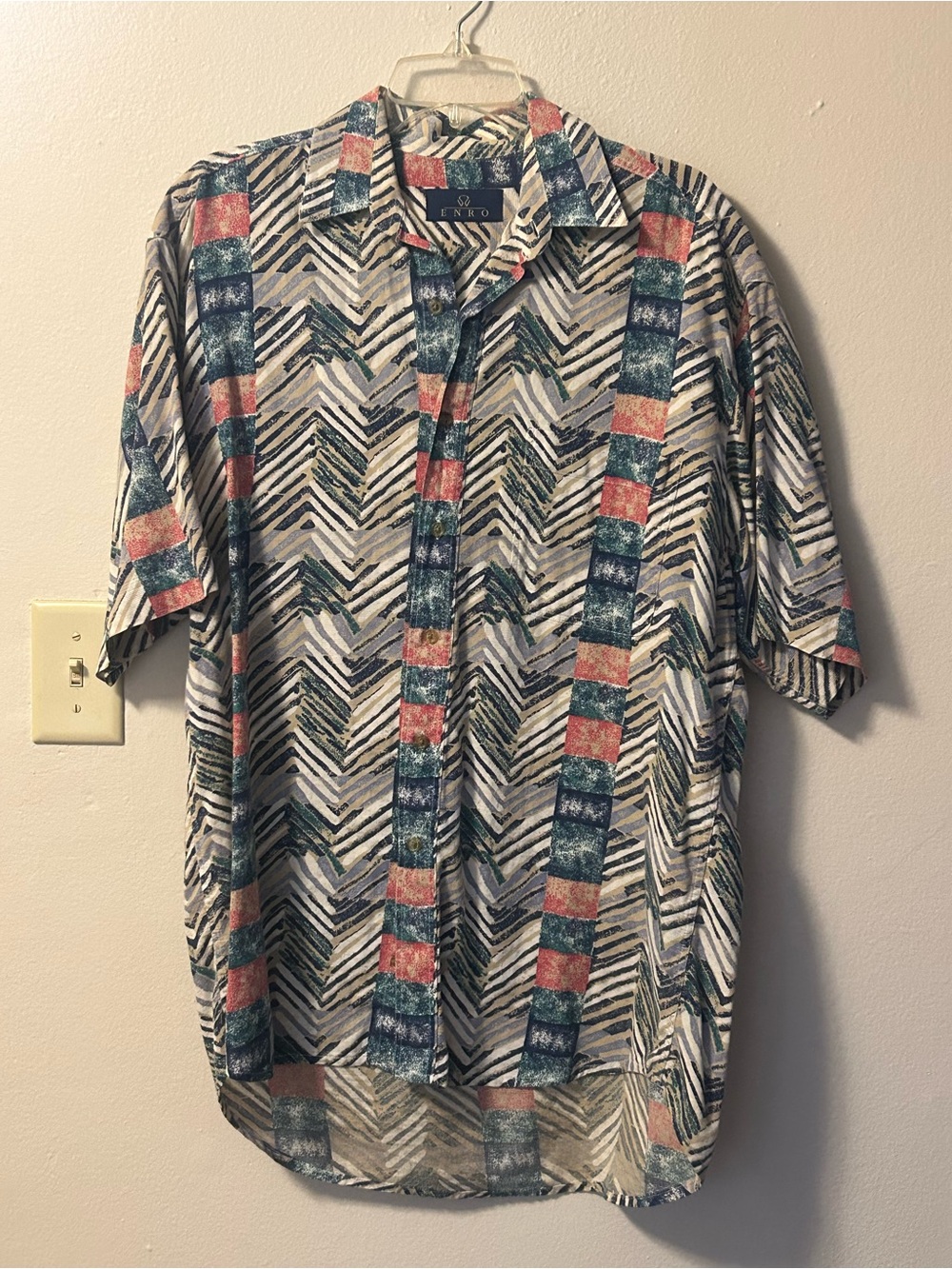 Vintage 80s Enro Mens Geometric Chevron ZigZag Short Sleeve Button Up Shirt  L